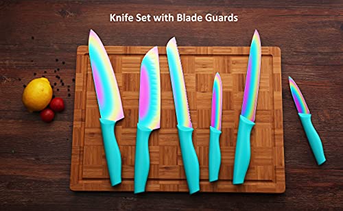 Kitchen Knife Set, Marco Almond® Kya37 12-Piece Rainbow Titanium Stainless Steel Boxed Knives Set For Kitchen With Sheath, 6 Knives With 6 Blade Guards, Teal #TOP6