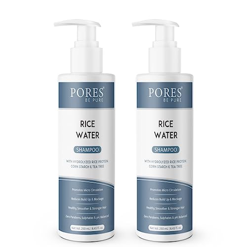 Image of PORES Be Pure Rice Water Shampoo with Hydrolyzed Rice Protein, Corn Starch & Tea Tree Oil | Sulphate-Free Hair Growth Shampoo for Strong, Smooth & Healthy Hair | For Men, Women & All Hair Types - ( 250 ml X 2 )
