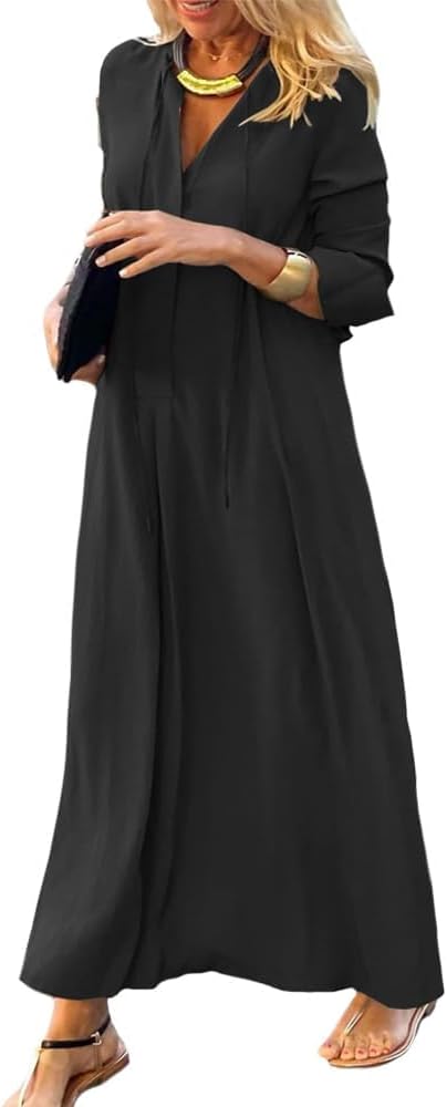 Womens Cotton Linen Maxi Shirt Dress Long Sleeve Loose Fit Swing Hem  Pleated Tunic Dress Deep V Neck Solid Color Baggy Flowy Shift Dress Summer  Casual Black Plus Size Long Dresses S