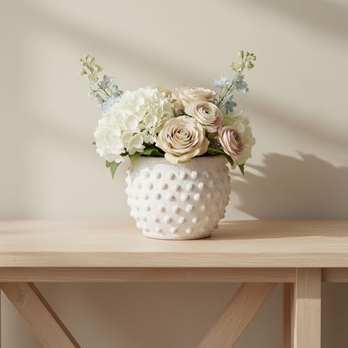 Garden Pottery Flower Pot with Bubble Texture – Decorative Round Terracota Planter for Indoor and Outdoor Plants – Unique Contemporary Accent for Garden, Patio, or Home Decor – 5' White