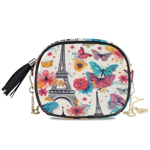 ALAZA Women's Paris Eiffel Tower Colorful Butterfly PU Leather Crossbody Bag Shoulder Purse with Tassel