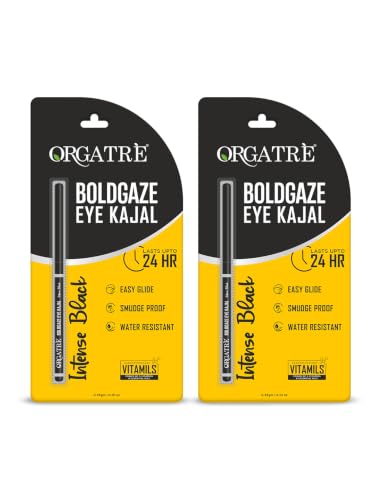 Image of Orgatre Boldgaze Eye Kajal | Waterproof, Smudgeproof - 24 Hours Long Stay - Darkest Black- One Swipe Application - Vitamin E, Provitamin B5 and Castor Oil - 0.35 Gm, Matte Finish (Pack of 2)