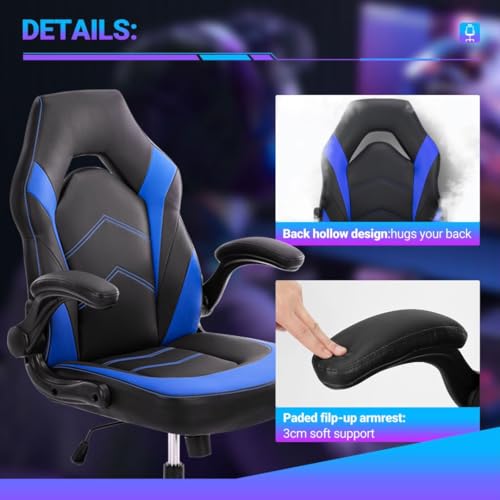 Heavy Duty Gaming Chair Ergonomic Gamer for Home Office with Lumbar Support, Adjustable Backrest, Flip-Up Armrest and Stable 360° Swivel Wheels for Adults, Professional Gamers and Teens, Black-Blue by UOCFYK - Image 3