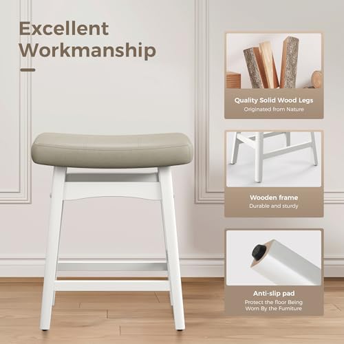 MAISON ARTS Beige Counter Height Bar Stools Set of 2 for Kitchen Counter Solid Wood Legs with Faux Leather Saddle Seat Farmhouse Barstools for 34"-38" Counter Island Upholstered Stools, 24in Height