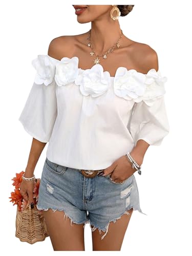 SHENHE Women's Off Shoulder 3D Flower Rosette Half Sleeve Blouse Summer Going Out Top