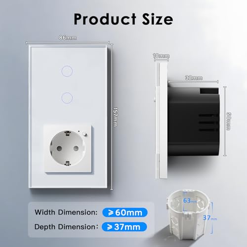 BSEED Smart Alexa Lichtschalter,WIFI Lichtschalter mit Steckdose Kompatibel mit Alexa,Google Home,Glas Touchscreen-schalter,2 Fach 1 Weg Weiß(Neutrale Leitung benötigt)