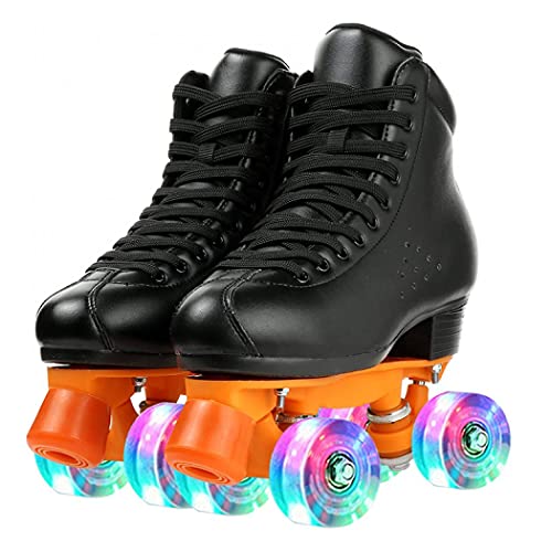 Roller Skate Shoes for Women Men Microfiber Leather High-top Double-Row Four-Wheel Roller Skates for Beginner, Professional Indoor Outdoor (Black Flash Wheel,46=US:15)