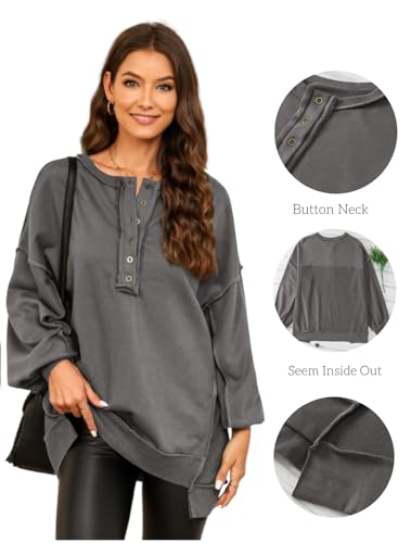 Alvaq Womens Oversized Sweatshirt Button V Neck Outfit Casual Loose Hoodies Fashion Fall Winter 2024 Clothes Pullover Tunic Henley Tops Medium Grey X-Large thumb #4