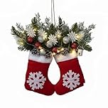 lmoikesz Twinkling Christmas Mitten Wreath with Lights, Faux Pine Branches,Red Berries Frosted Pinecones, Festive Sock Xmas Wreath for Front Door, Fireplace, Window, Indoor Outdoor Holiday Decor (B)