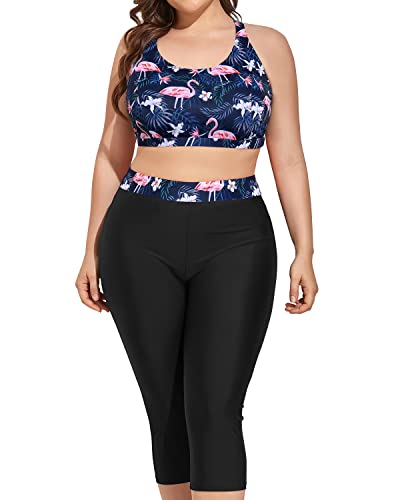 Yonique 3 Piece Plus Size Swimsuits For Women Tankini Tops With Sports Bra And Swim Capris Athletic Bathing Suits Black & Flamingo 18 Plus #TOP3