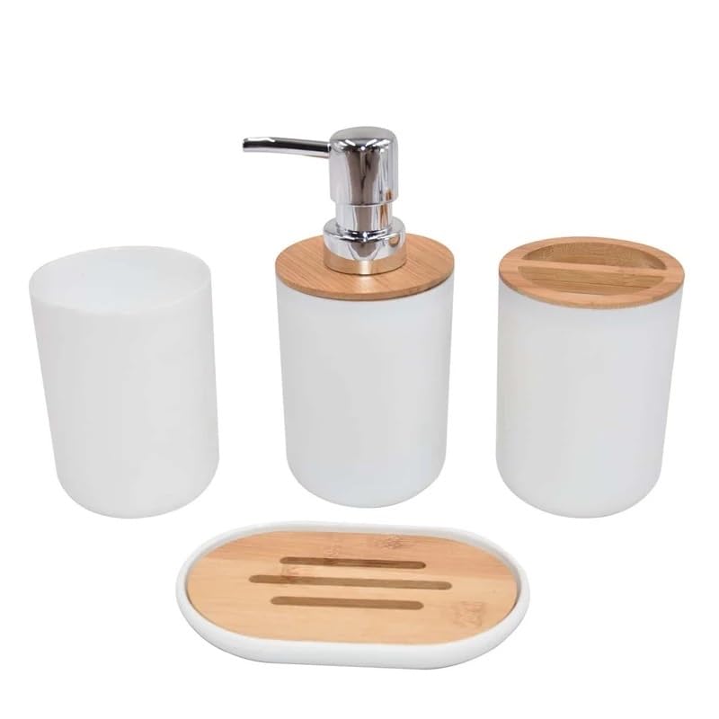 Juego de 4 accesorios de baño blancos, soporte para cepillo de dientes, dispensador de jabón y almacenamiento de resina de imitación para artículos de tocador, elegante decoración de baño