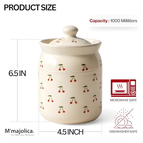 Image of Cherry Printed Ceramic Handglazed Pickle Jars Set of 2-1000 ML Each | 1 kg Achaar Martban Barni Jar with Lid | Ceramic Storage Jar Container Pickle /Achar, Chatney