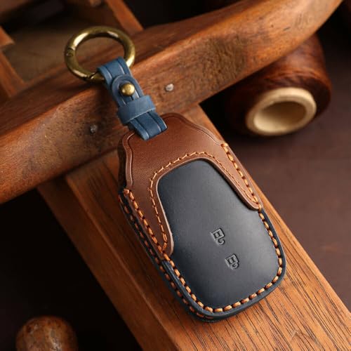 Image of Keyzone Dual Leather Key Cover for Toyota Innova Crysta, Innova HyCross, Hilux 2 Button smart Key (Blue-Brown)