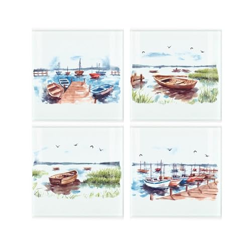 Seaside Boats - Juego de 4 posavasos cuadrados pintados de vidrio para vela/barcos de remo
