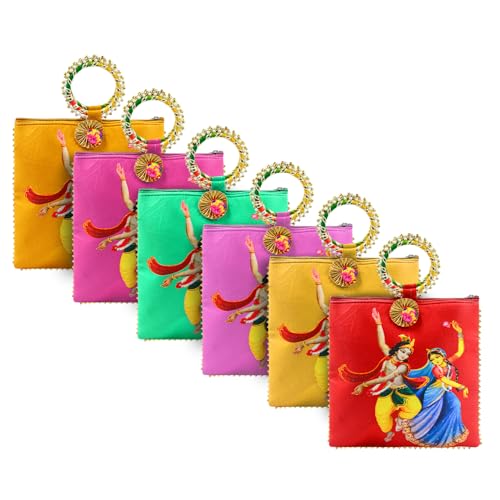 Image of Women Potli Bags Pack of 6 | Gifting Potli with Zip & Bangle Handle | Traditional Shagun Return Gifts Potli for Mehandi, Haldi, Baby Shower, Wedding, Sangeet (Radha Krishna)
