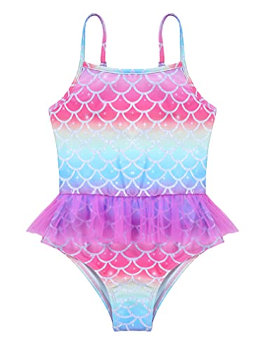 renvena Girls One Piece Colorful Swimwear Mermaid Spaghetti Straps Fish Scales Swim Leotard Ruched Beachwear3