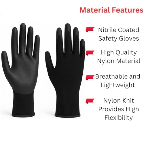 Image of Nylon Safety Work Gloves with Nitrile Coating - Industrial-Grade Protection for Cleaning, Warehouse, Mechanics, Construction - Durable, Flexible, Non-Slip Grip (Black, 25 Pair)