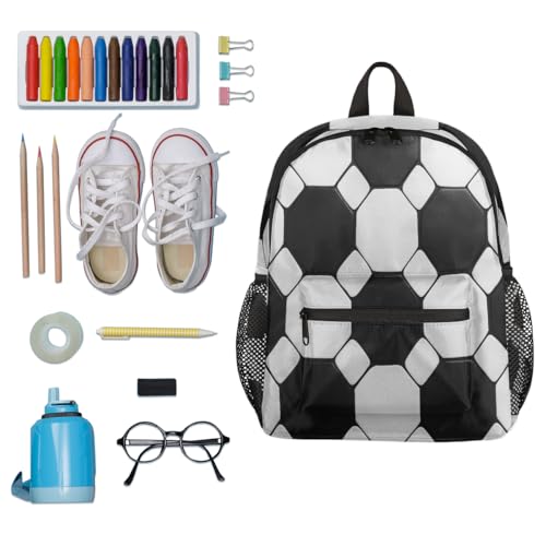 Image of Toddler Sports Backpack for Boys Girls,12 Inch Kids Backpack for Preschool Kindergarten Elementary,Lightweight Small Bookbag with Chest Strap for Daycare Travel,Black White Soccer Ball Texture
