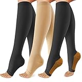OUIVIAL 3 Pack Copper Compression Socks for Women&Men, 20-30mmHg Open Toe Knee High Support Socks for Varicose Vein,Running