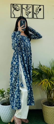 Image of Women's Cotton Nayra Cut Kurti for Women | Full Sleeves Printed Long Kurta | Stylish Flared Ethnic Wear Kurti, Casual & Festive Occasion