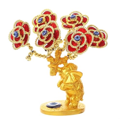 Image of eCraftIndia Tree of Life Bonsai Evil Eye Tree Elephant Statue Feng Shui Showpiece (Gold & Red) Feng Shui Items for Good Luck Positive Energy Vastu Shelf Living Room Home Decor Gift for Housewarming