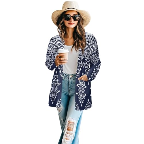 Image of Women's Aztec Open-Front Jacket Lightweight Casual Outerwear Native Western Aztec Pattern & Plaid Houndstooth Print