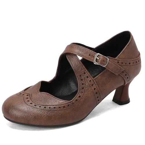 Women's Brown Classic Leather Stacked Heel Dress Round Toe Elegant Office Pumps