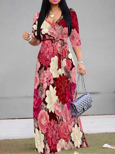 Image of PinkPatty Women's Plus Size Maxi Dresses Casual Flowy 3 /4 Sleeves Dress Printed Vacation Dress for Daily Wear with Belt