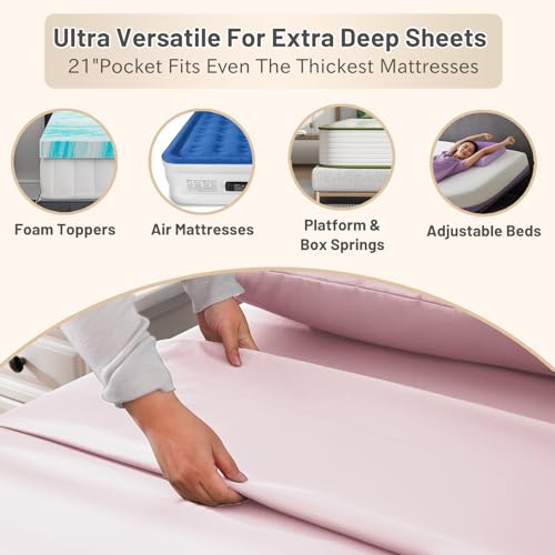MEISHANG Extra Deep Pocket King Sheets Cotton - 1000 Thread Count Sheet Set - Fits 18"-24" in Deep Mattress,100% Egyptian Cotton,Sateen Weave, Soft & Breathable - 4 Piece (King, Light Pink)