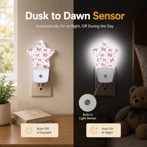 Image of Pink Bow Star Night Light Plug in, Decorative Night Light for Kids Room Nursery Bedroom, Soft Glow Sensor Lamp for Hallway Bathroom, Compact Energy Saving