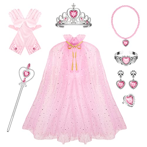 Kmbcove Capa para meninas brilhante disfarce vestido acessórios de princesa com coroa varinha mágica colar pulseira anel brincos luvas para Halloween carnaval aniversário festa