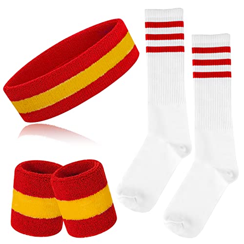 5 Pieces Sweatbands Striped Socks Set Sports Headband Wristbands High Tube Socks 80s Accessories for Men Women 80s Costumes Theme Party