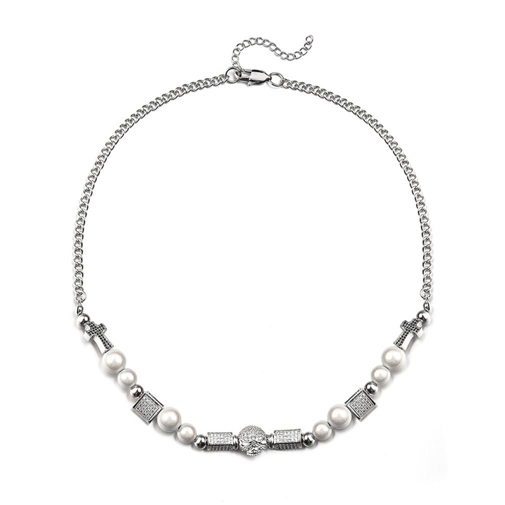 AdracwaroFashion Stainless Steel Pearl Choker Necklace, Hip-hop Punk Unisex Necklace Chain with Zircon Rhinestone Cross and Skull