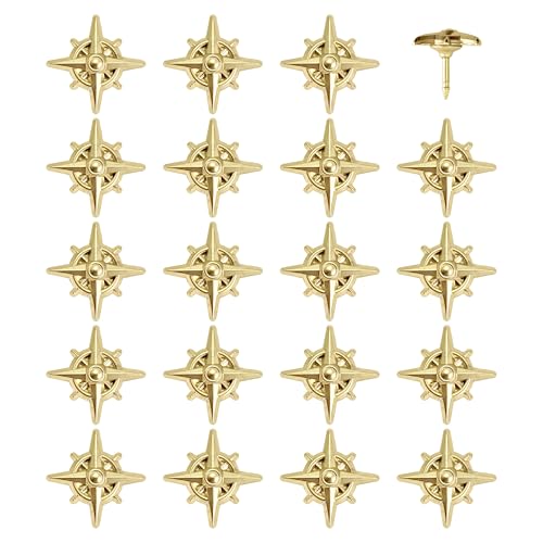 Image of Compass Push Pins - Gold Metal Compass Rose Pins - for Cork Board, Maps, or Lapel Pin Use - Designed in USA - Set of 20