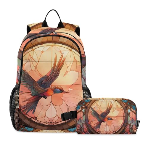 Backpack Lunch Bag Set for Travel Hiking Picnic, Stained Glass Bird Print Backpacks with Insulated Lunch Box