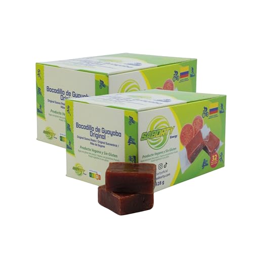 Bocadillo de Guayaba Saborty 32uds (928g) | Barritas Energeticas para Ciclismo y Running | Snack Saludable 100% Natural, Vegano - Sin Gluten (2 Cajas 32 Unidades, Original)