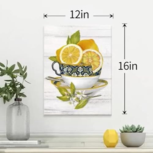 Sumgar Lemon Wall Art Farmhouse Yellow Kitchen Wall Decor Fruit Summer Paintings Lemon Tea Cup With Flower Pictures Artwork Living Room Dining Room Pantry 12 X 16 In #TOP4