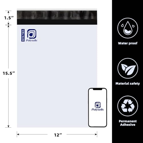 POLYSELLS Poly Mailers Shipping Envelopes, Strong Adhesive Sealing, Waterproof, and Tear-resistant Postal Mailing Bags for Clothing, Books, and Accessories (White, 12x15.5 Inch, 100 pcs)