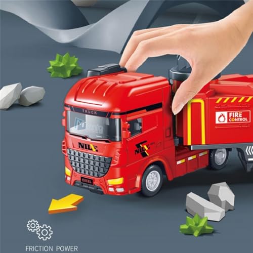 Image of Excavator and Military Tank, Manual Push Power Large Transport Trailer Vehicles Truck Toys Alloy Diecast Truck Set Toy Best Birthday Gift for Kids (Fire Resque Truck Set)