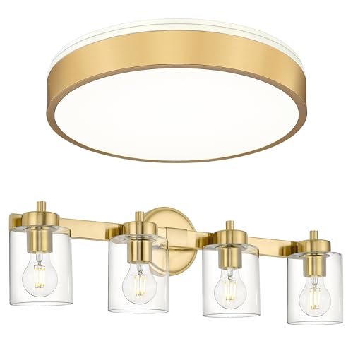 Ken & Ricky Modern Flush Mount LED Ceiling Light Fixture and 4-Light Brushed Gold Vanity Light
