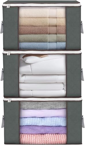 Image of Large Storage Bags, 3 Pack Clothes Storage Bins Foldable Closet Organizers Storage Containers with Durable Handles Thick Fabric for Blanket Comforter Clothing Bedding 90 L (Gray) | Foldable Storage Containers, with Reinforced Handle, for Clothing, Blanket, Comforters, Bed Sheets, Pillows and Toys,Gray