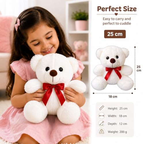 Image of Cute Teddy Bear Soft Toy Plush Stuffed Animal with Red Bow for Kids Baby - Soft Huggable Teddy Doll for Cuddling, Birthday Gift & Home Decor 25CM