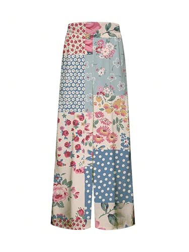 MakeMeChic Women's Casual Patchwork Floral Pants Elastic Waisted Wide Leg Beach Boho Trousers3