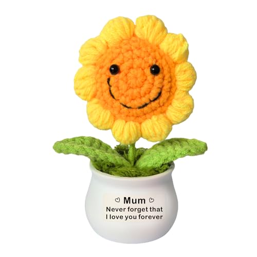 SMARGO Regalo per la mamma da figlio e figlia, realizzato a mano, con girasole positivo all'uncinetto, regalo per mamma, compleanno, Natale, Ringraziamento per la mamma