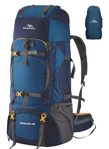 Image of TRAWOC Aerolink 60L Trekking Backpack for Men & Women | Travel Rucksack with Laptop Sleeve, Rain-Cover, Padded Hip Belt & YKK Zippers | Camping Hiking Bag | 3 Year Warranty - Blue