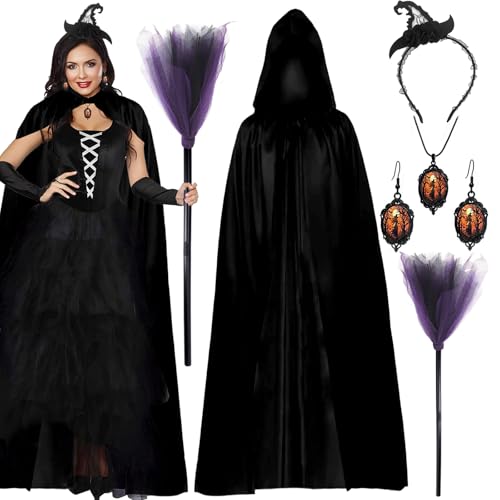 SummitEdge 6 Stück Halloween Kostüm Hexenkostüm Damen, Schwarzer Umhang mit Kapuze, Vampir Umhang Damen, Hexenhut Haarreifen, Hexenbesen für...