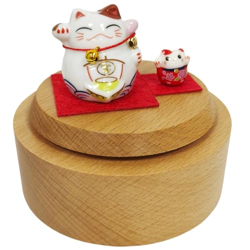 Briskfeel Rotating Lucky Cat Music Box | Ceramic Maneki Neko Figurine on Wooden Base Musical Box | Feng Shui Wealth & Prosperity Decoration | Desk Decor Good Fortune Gift (Lucky Cat)