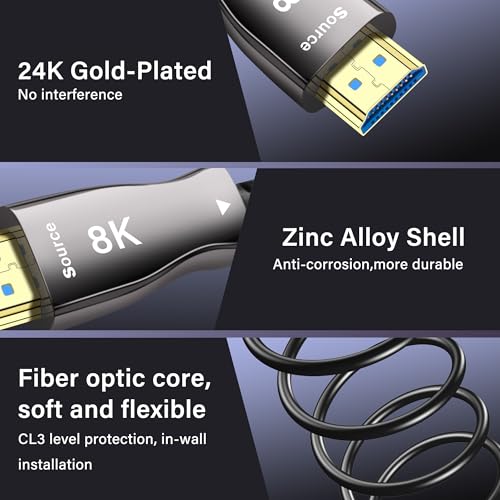 SinLoon Fiber Optic HDMI Cable Ultra 8K High Speed HDMI 2.1 Cable 48Gbps 8K@60Hz 4K@120Hz Support DDC CEC HPD eARC Compatible with HDTV Xbox Blu-ray Monitor Laptop Projector (10FT) - Image 4