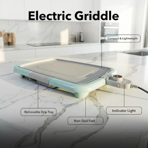 Image of OVENTE Electric Griddle with 16 x 10 Inch Non-Stick Plate, Blue GD1610LBL | Removable and Adjustable Temperature Control, Indoor Grill perfect for Instant Breakfast, Pancakes, Eggs or Burgers