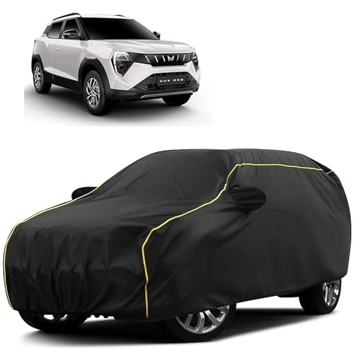 Image of Sulfar 100% Water Resistant Car Body Cover Compatible with Mirror for Mahindra XUV 3XO (Triple Stitched, Full Bottom Elastic, Black Tafetta with Yellow Piping)